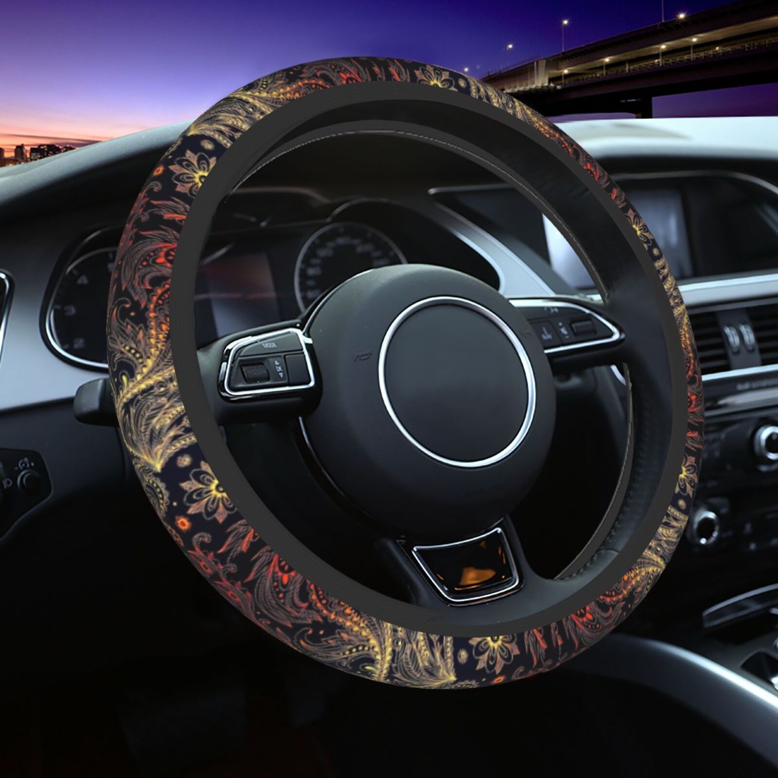 Car Accessories Phoenix - フェニックスフェザープリントステアリングホイールカバー滑り止め弾性カーアクセサリーステアリングホイールプロテクターユニバーサル15インチ