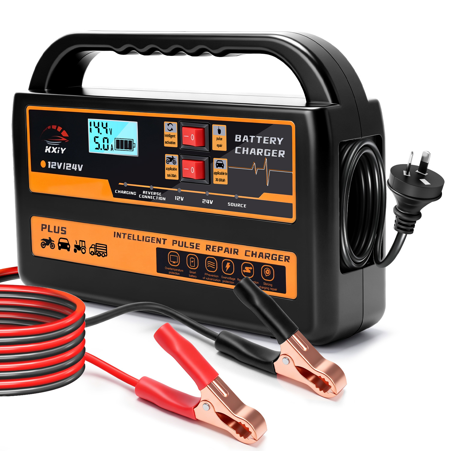 Car Accessories Uk - KXIY W08 12V/10A 24V/5A 車用バッテリー充電器（AU/EU/US/UKプラグ付き）全自動パルス修復機能搭載、鉛蓄電池、AGM、GELバッテリー対応