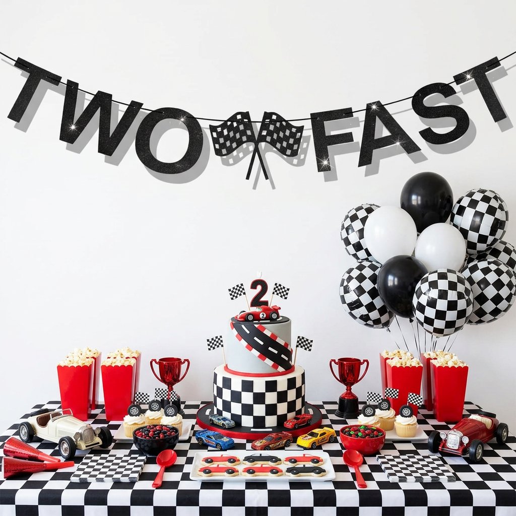ツーファストレーシング誕生日バナー ブラックグリッターレース - Car Accessories Banner のレビューと価格